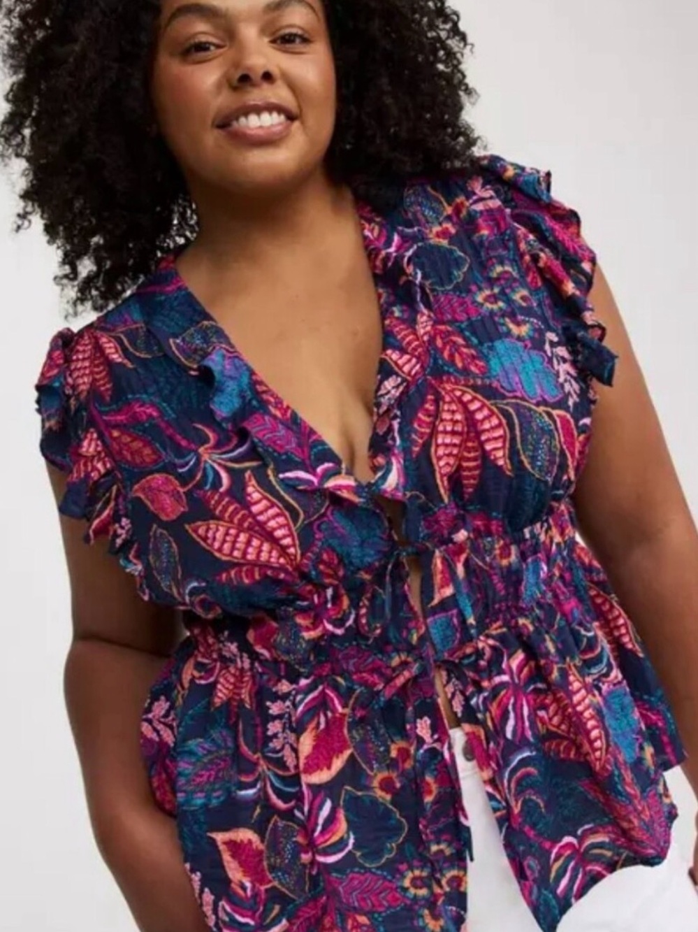 torrid Navy & Dark Pink Floral Ruffle Tie-Front Blouse; Size 3 (3X or 22//24)